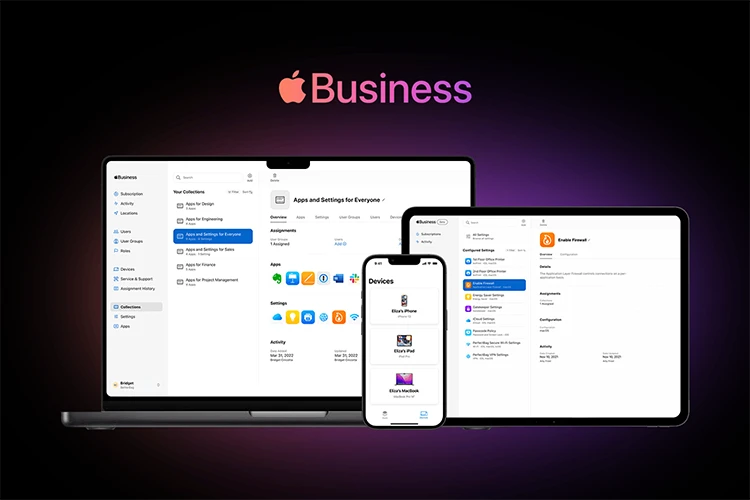 Apple Business management platform displayed across a MacBook, iPad and iPhone