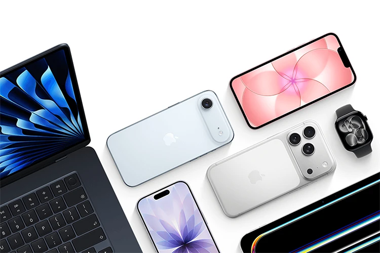 Collection of Apple devices including MacBook, iPhone, iPad and Apple Watch arranged together