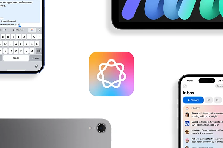 Apple devices and Apple Intelligence icon displayed on a light background