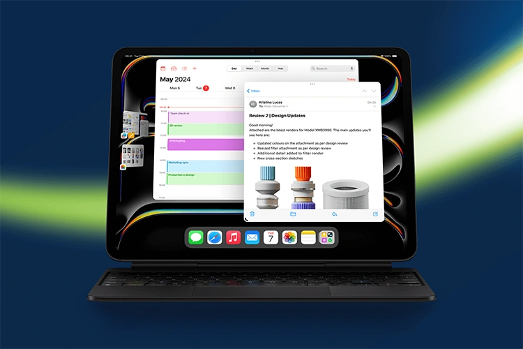 Apple iPad Pro 12.9-inch (6th generation) with Magic Keyboard, displaying business apps