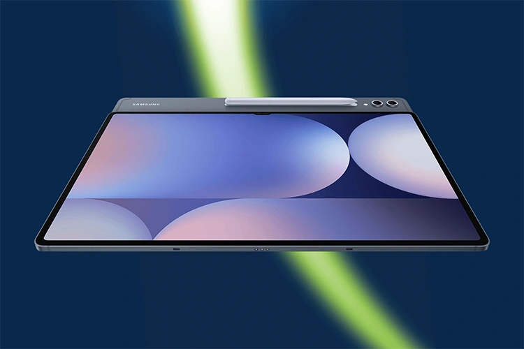 Samsung Galaxy Tab S9 FE tablet with S Pen, shown at an angle from the front