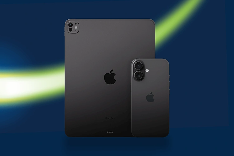 Apple iPad and iPhone shown sat side-by-side from the rear
