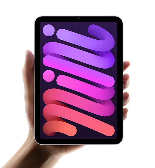 Hand holding iPad mini aloft showing screen